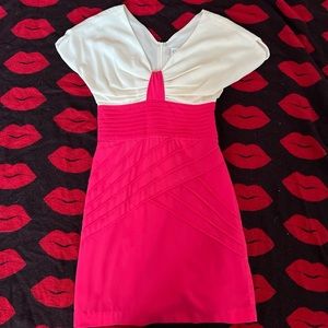 Pink white bow butterfly sleeve chiffon pencil Bodycon dress S